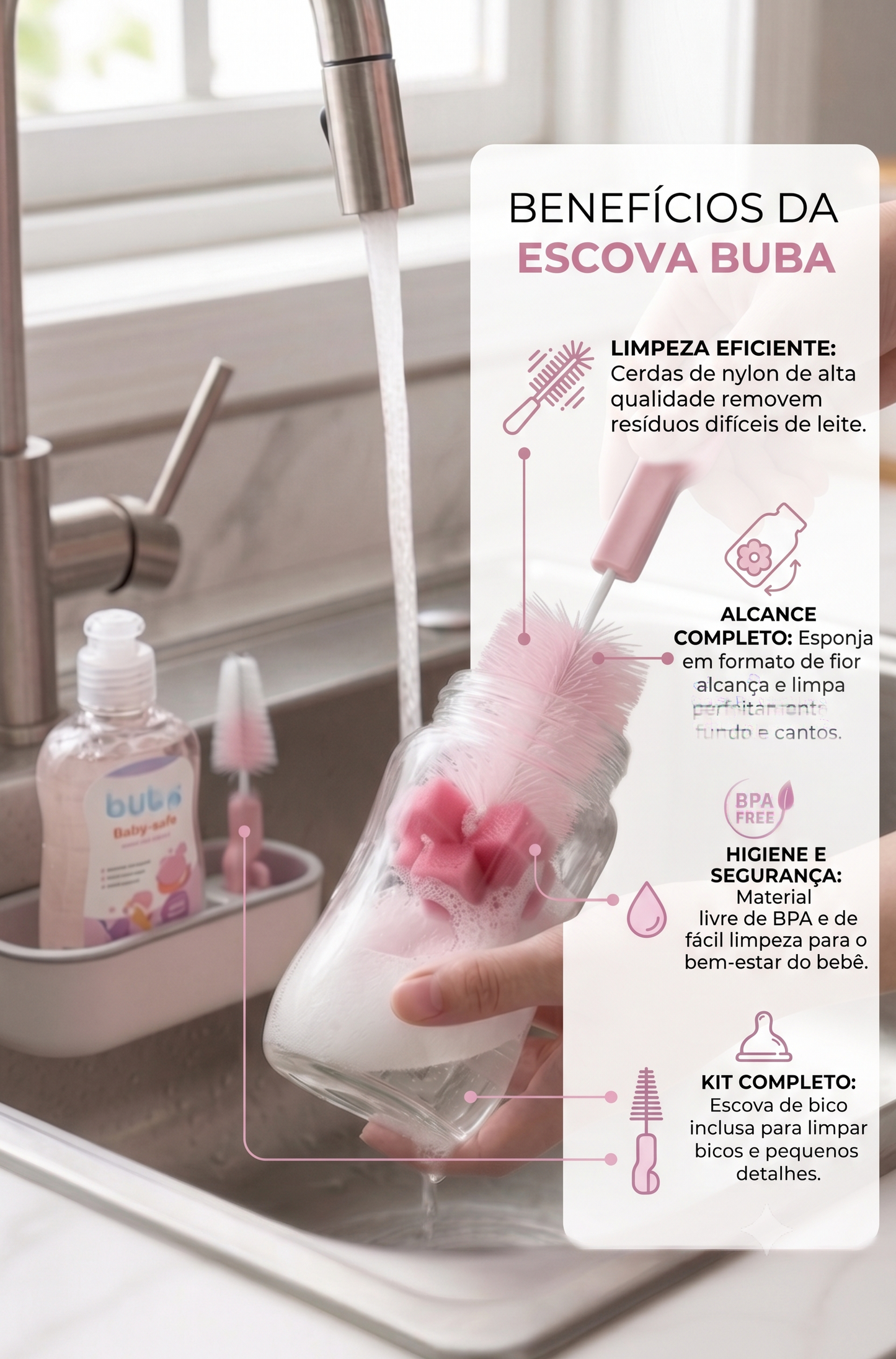 Kit Escova Limpa Mamadeira e Bico 2 em 1 com Esponja (Livre de BPA)