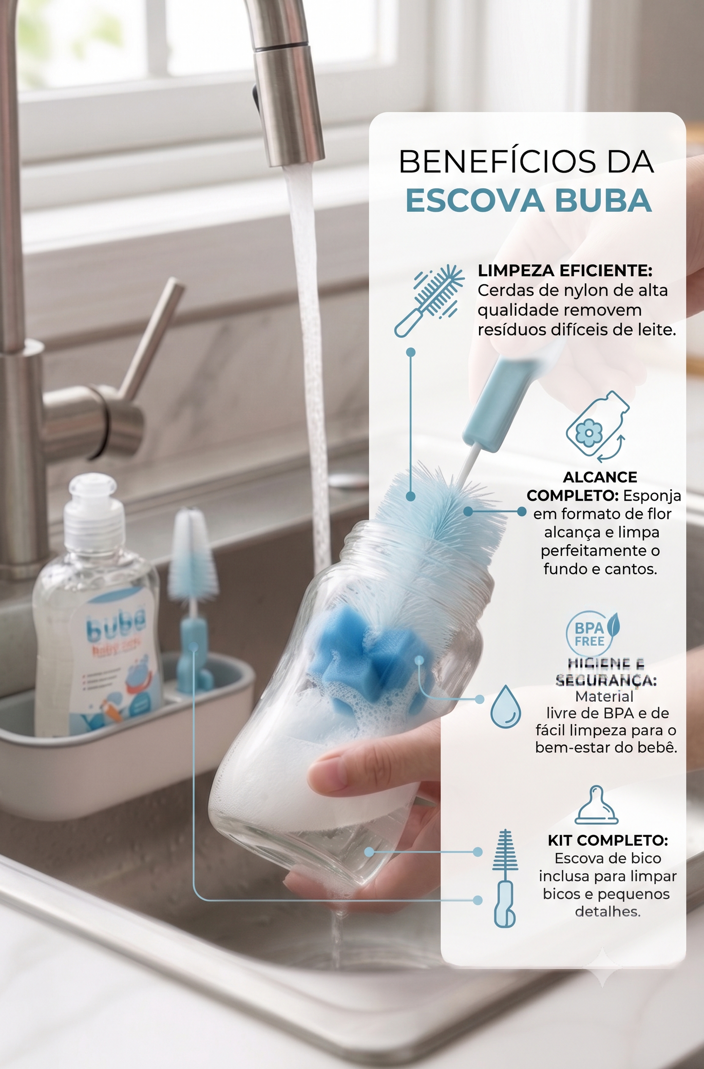 Kit Escova Limpa Mamadeira e Bico 2 em 1 com Esponja (Livre de BPA)